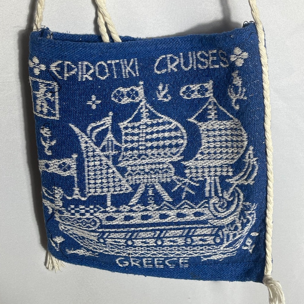 Vintage Greece Epirouki Cruises Woven Mini Tote Bag Blue White Nautical - Picture 2 of 6